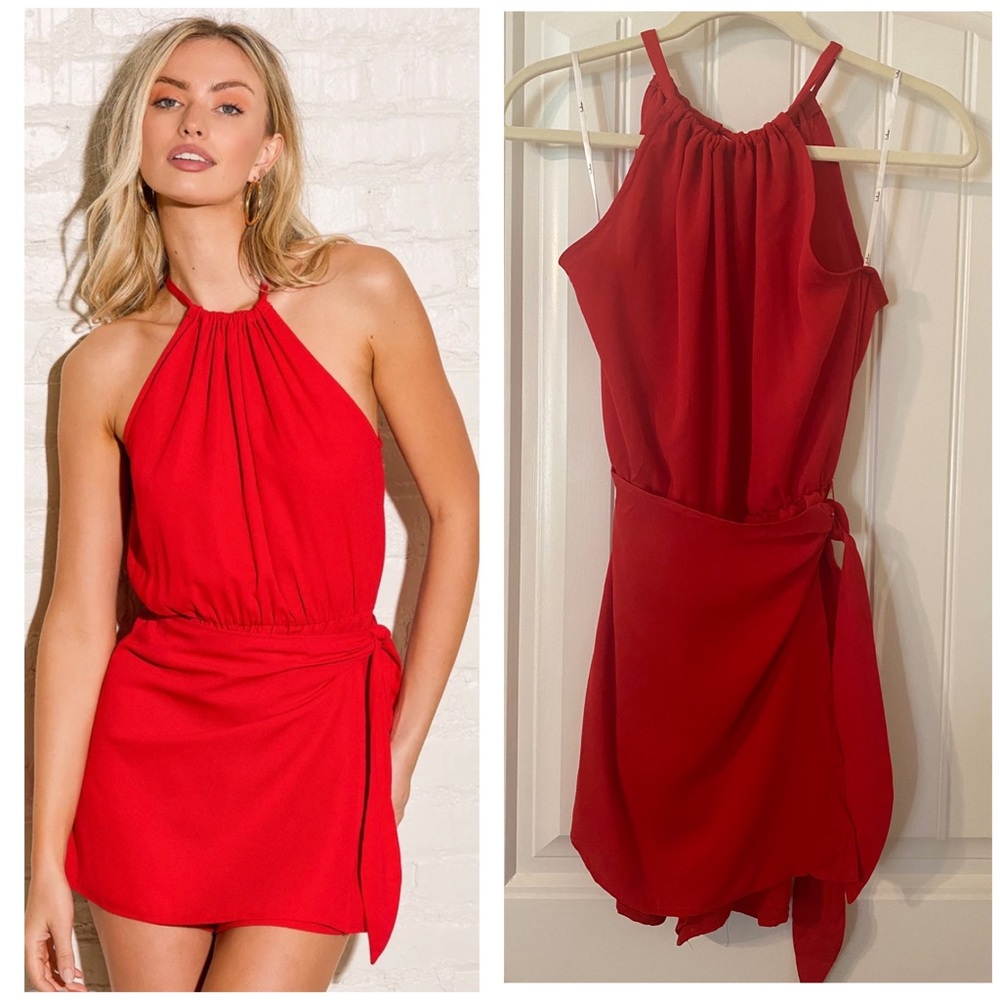 Lulus Red Faux Wrap Skort Romper